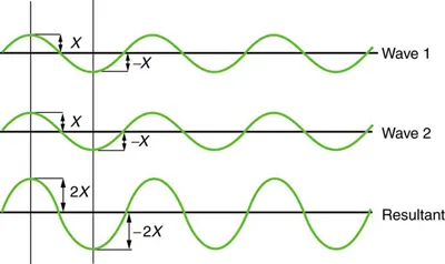 Two waves in phase combining to form a wave of larger amplitude.